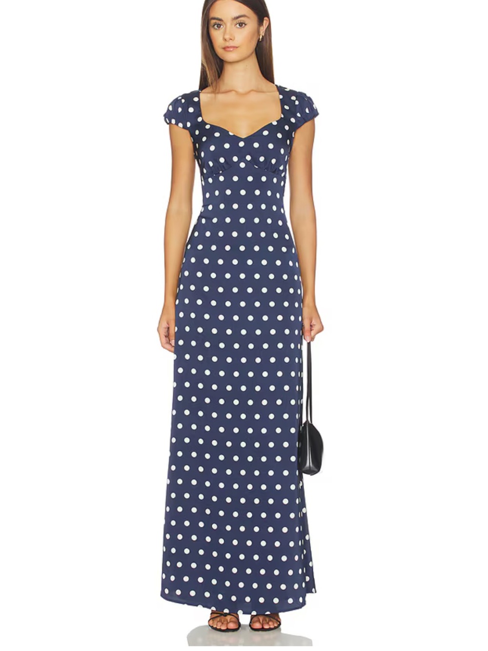 More to Come Dorothy Maxi Dress in Navy & White Dot Sweetheart Neckline S